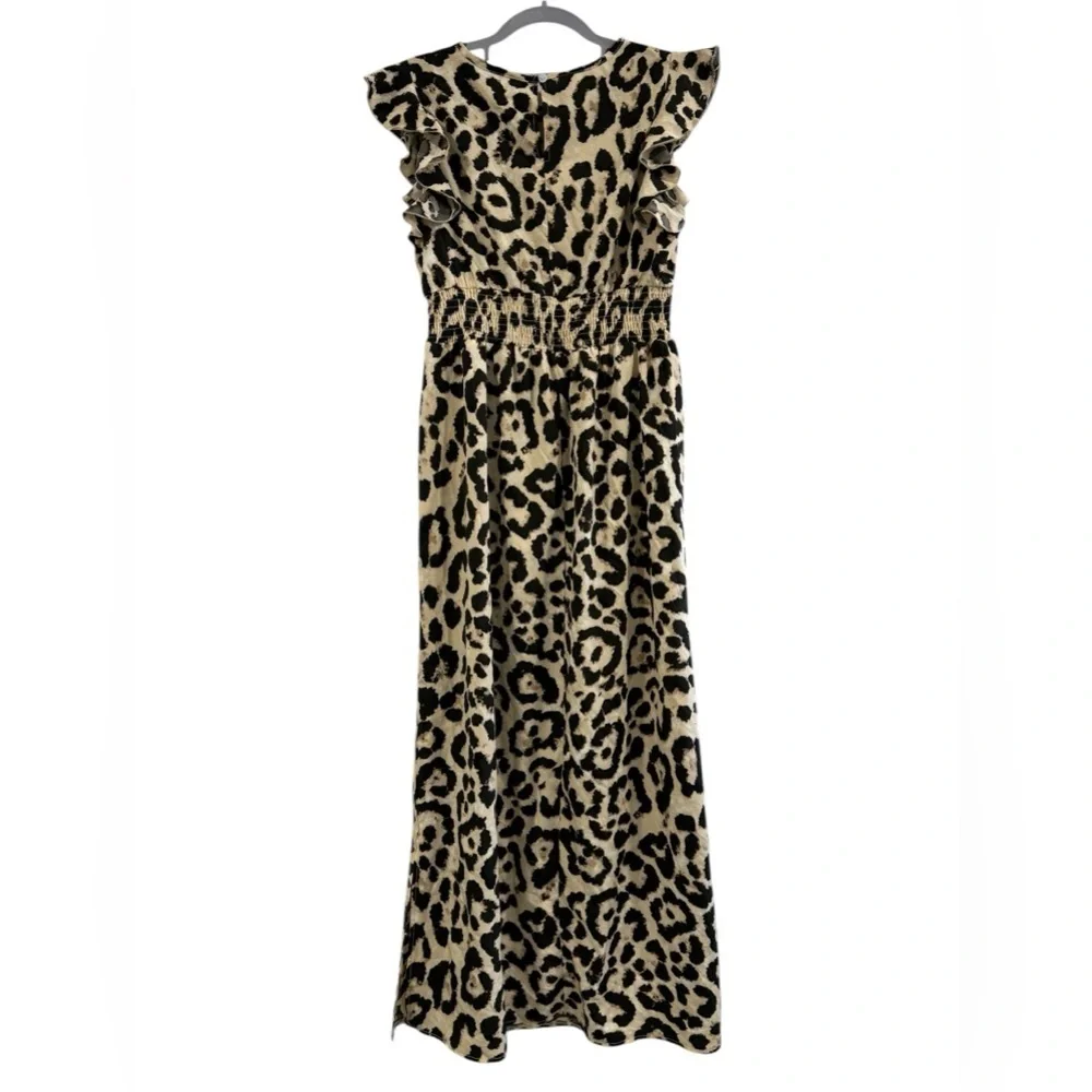 Women’s Animal Print Leopard Black Tan Maxi Long Ruffle Sleeve Dress Medium - Picture 3 of 8